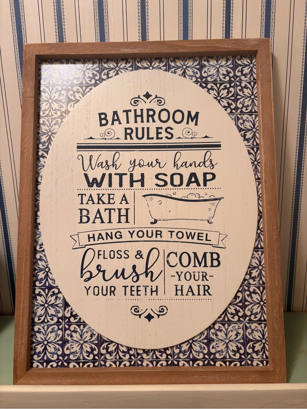 Bathroom Rules Framed Wall Art - Navy and White